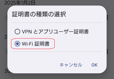 CA証明書インストール画面のスクリーンショット
